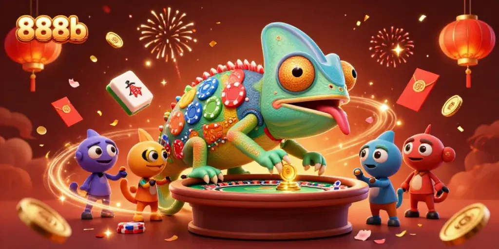Enjoy thrilling 888b casino action with chameleon owner, golden coins, and festive elements.