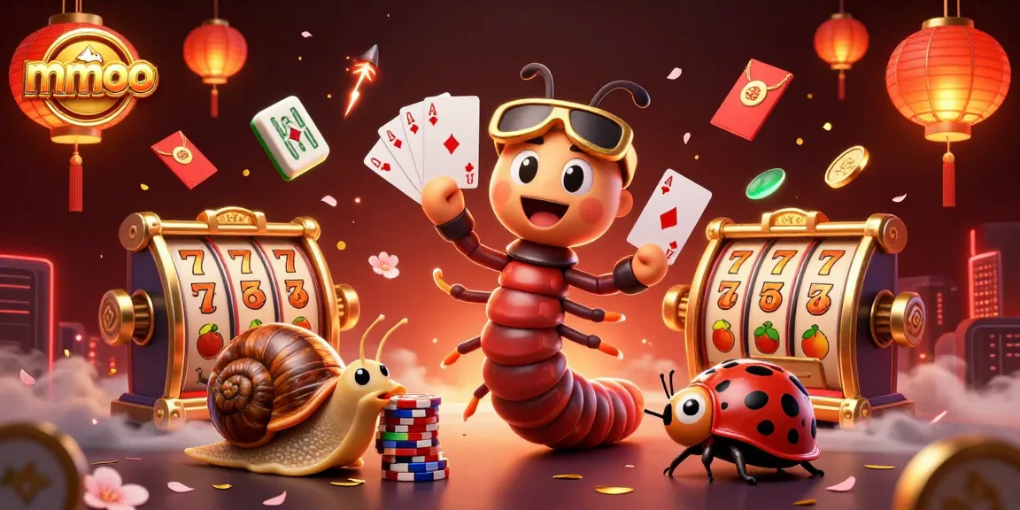 Experience table games excitement with mmoo as a cartoon dealer fanning cards in a vibrant casino scene.