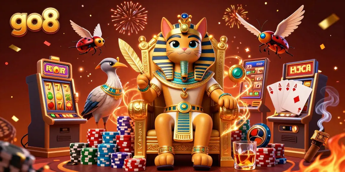 Win big at go8 with an exciting scene featuring a pharaoh cat, scribe, and vibrant gold elements.