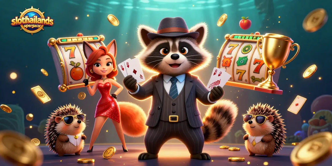 Engage with slotthailandsupergacor in this dynamic 3D illustration of casino excitement featuring raccoon and friends.