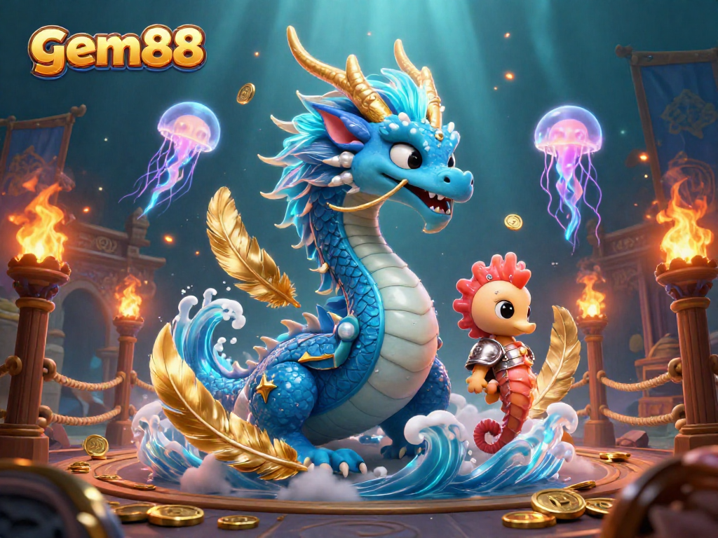 Engage in thrilling gameplay with gem88, featuring a vibrant 3D dragon and dynamic casino elements.