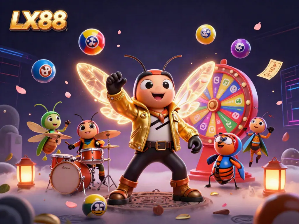 Experience thrilling winnings at LX88 with vibrant arcade-style casino characters and elements.
