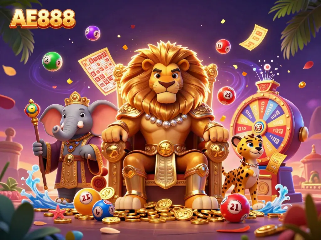 Win big with AE888 at this vibrant casino scene featuring playful gaming elements.