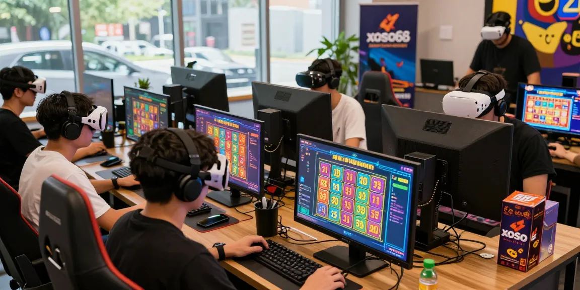 Engaged players enjoying xoso66's modern online lottery game in vibrant gaming lounge.