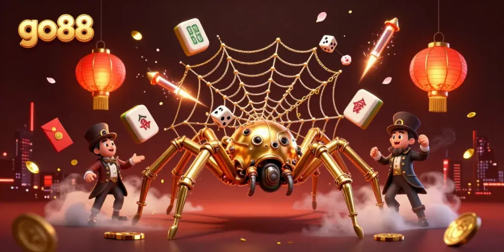 Experience the go88 casino excitement with lively visuals of a golden spider and playful gaming elements.