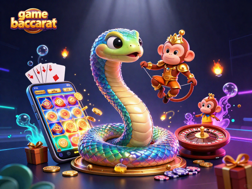 Experience thrilling game baccarat surrounded by dynamic casino elements in a vibrant 3D scene.