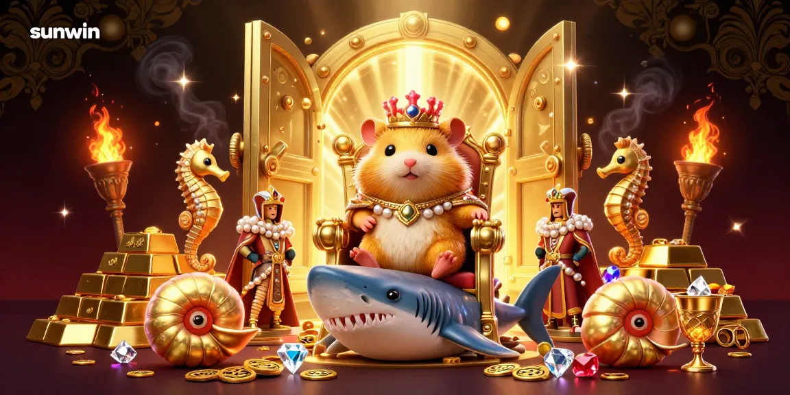 Experience the thrill of winning at sunwin with a golden hamster king amidst treasures and royal guardians.