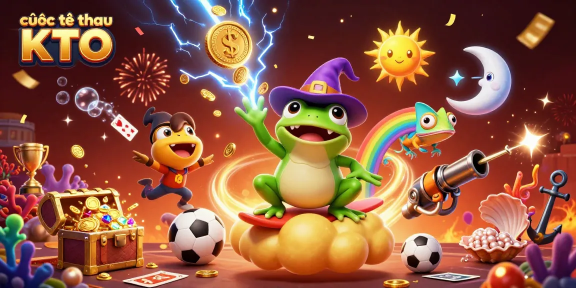 Engage in cược thể thao KTO while witnessing a vibrant storm of golden coins and energetic characters.