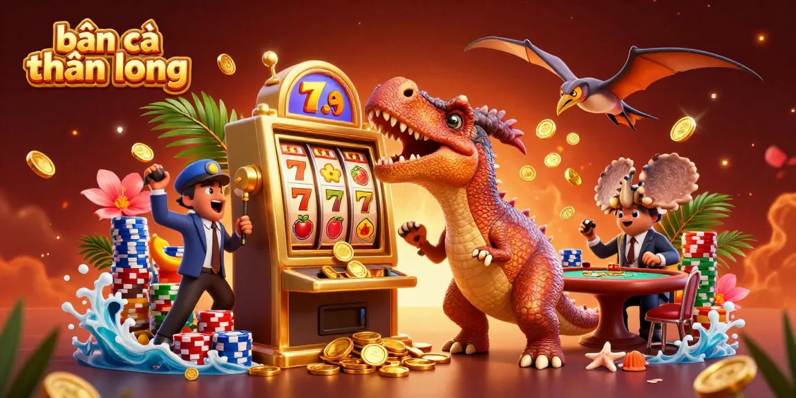 bắn cá thần long scenes with an energetic 3D pachycephalosaurus winning slots and a panicked casino manager.