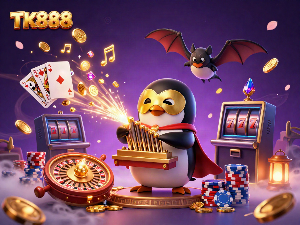 Experience the thrilling world of TK888 with a 3D illustration of a penguin playing a pipe organ, coins cascading around.