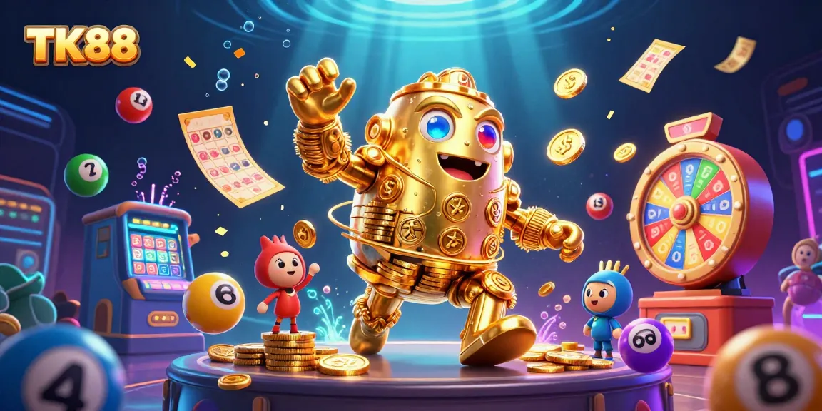 Experience thrills at TK88 with a dazzling golden golem amidst dynamic lottery elements and games.