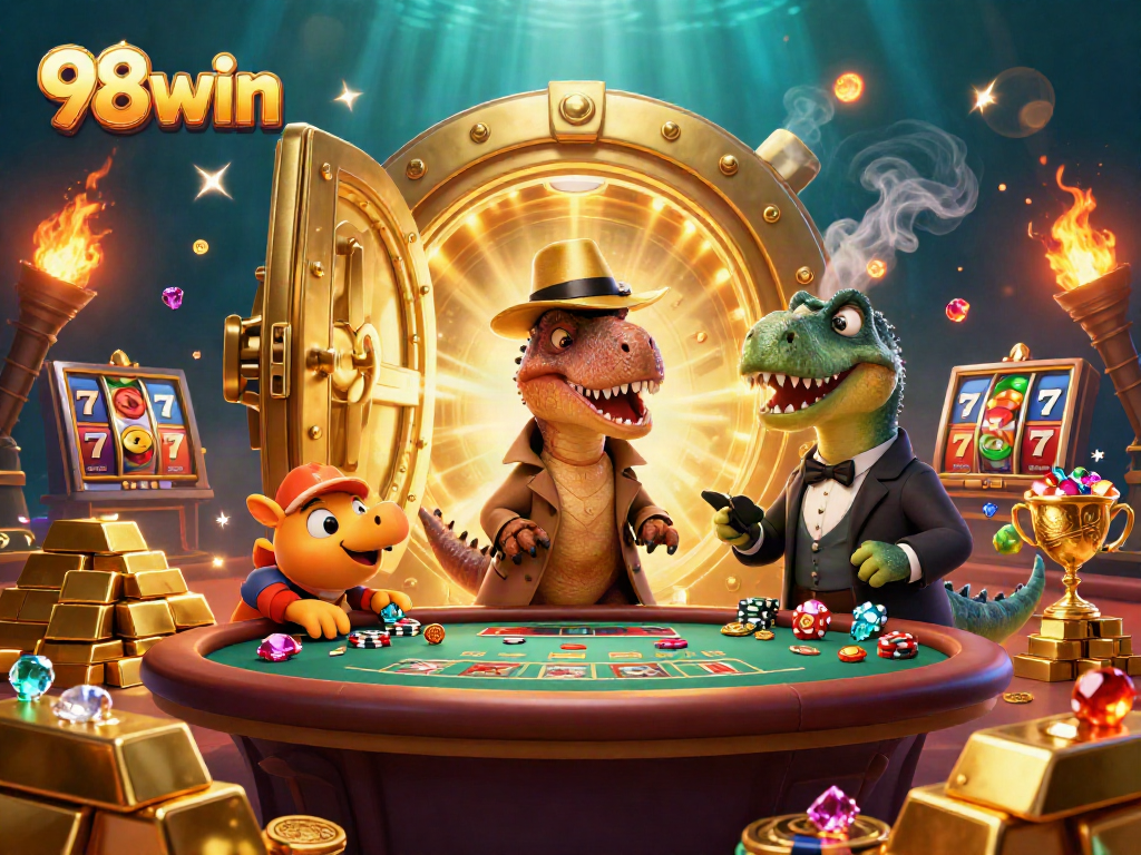 Engage in thrilling gameplay at 98win with vibrant 3D characters and casino elements in a dynamic scene.