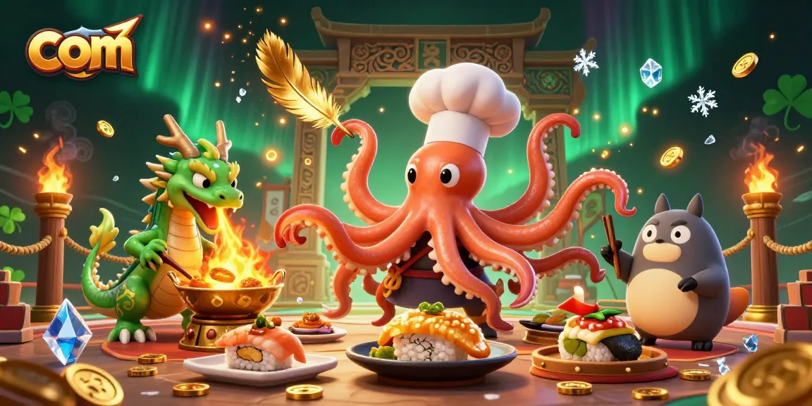 Catch exciting com moments with a sushi chef octopus and a dragon in this vibrant casino scene.