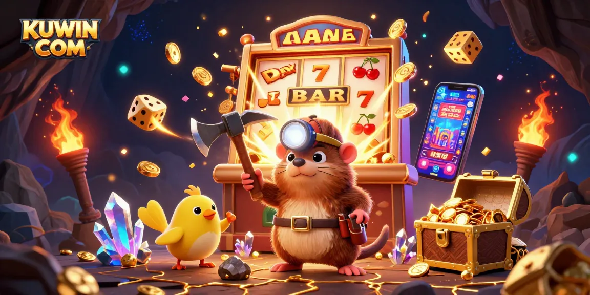 Engage with the exhilarating world of KUWIN COM casino gaming, featuring a treasure hunter and vibrant slot machine action.