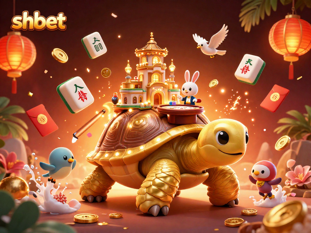Experience a thrilling shbet casino adventure with a gold tortoise, dealer, and golden coins.
