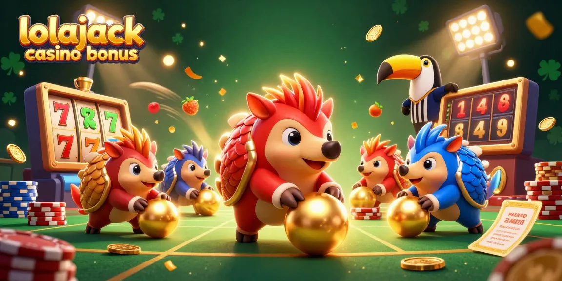 Experience the thrill of the lolajack casino bonus with vibrant pangolins amidst slot reels and gold coins!