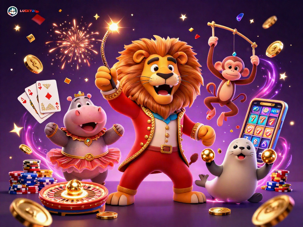 Engage in the excitement of LUCKY88 with vibrant characters and dynamic casino elements.