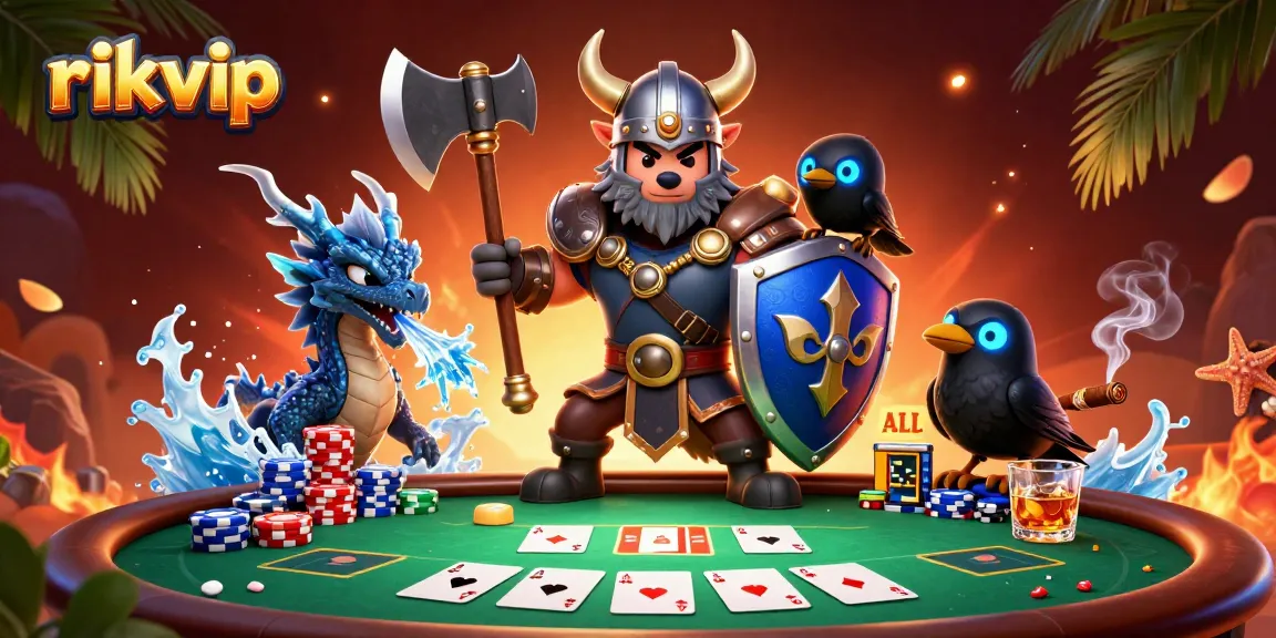 Engage in exciting poker action with rikvip's illustrated Viking warrior, dragon, and poker elements.
