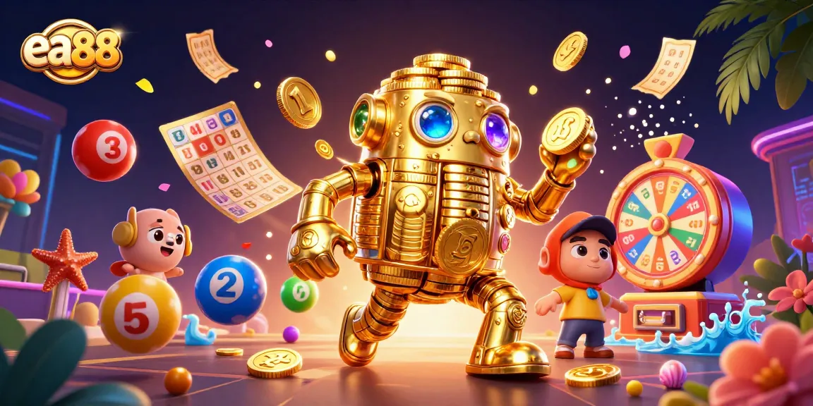 Engage in thrilling wins with ea88 in vibrant casino scenes featuring animated gold golems and lottery elements.