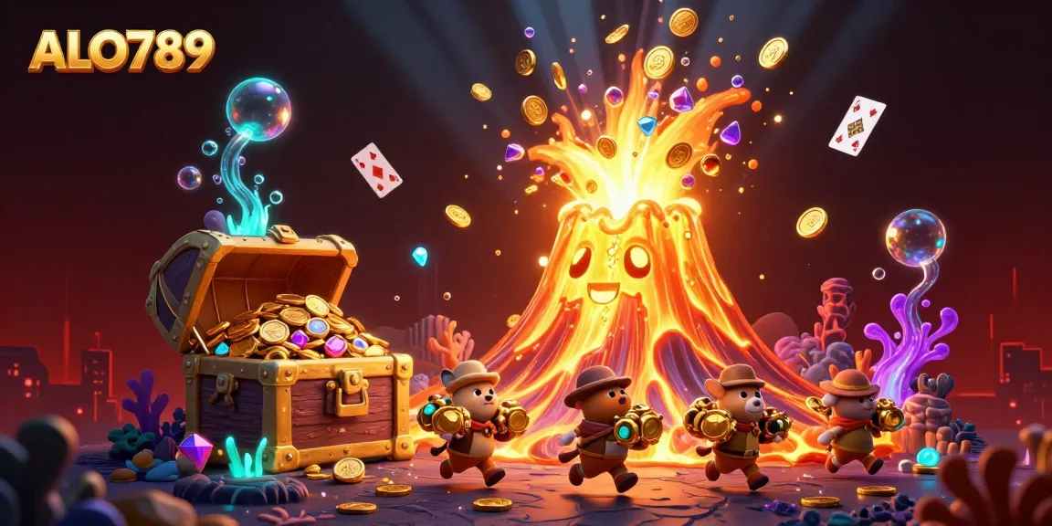 Dynamic scene showcasing ALO789 with a golden volcano and treasure animals, embodying casino excitement.