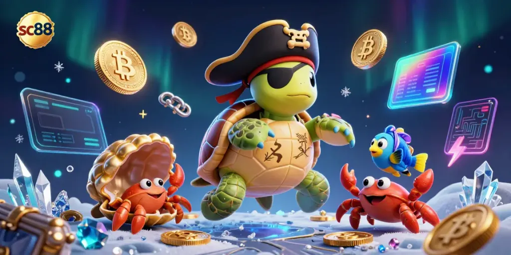 Shoot for rewards at sc88 with a vibrant 3D scene featuring a pirate turtle and treasure.