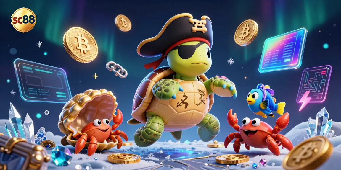 Shoot for rewards at sc88 with a vibrant 3D scene featuring a pirate turtle and treasure.