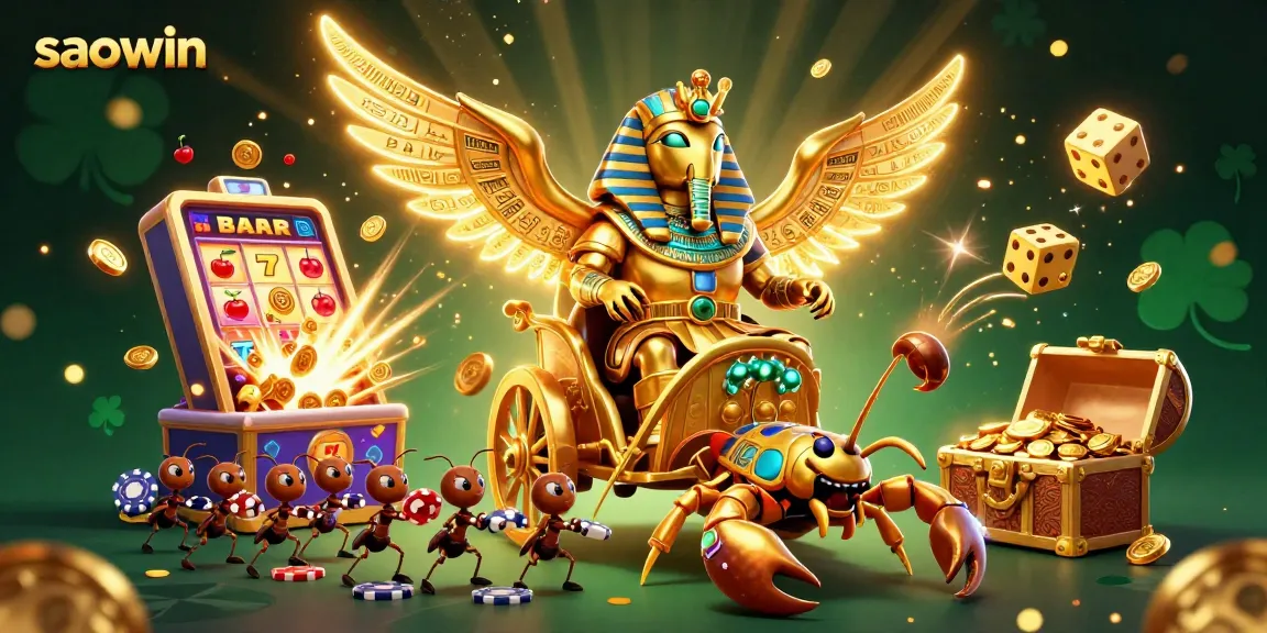 Engage in thrilling gameplay with saowin, featuring a golden beetle, scorpions, and exciting casino elements.