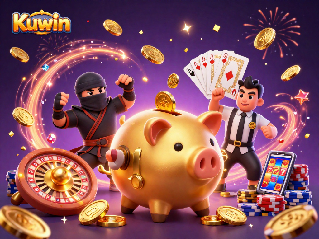 Kuwin's casino adventure features a golden piggy bank sumo wrestler amidst flying coins and elite gaming elements.