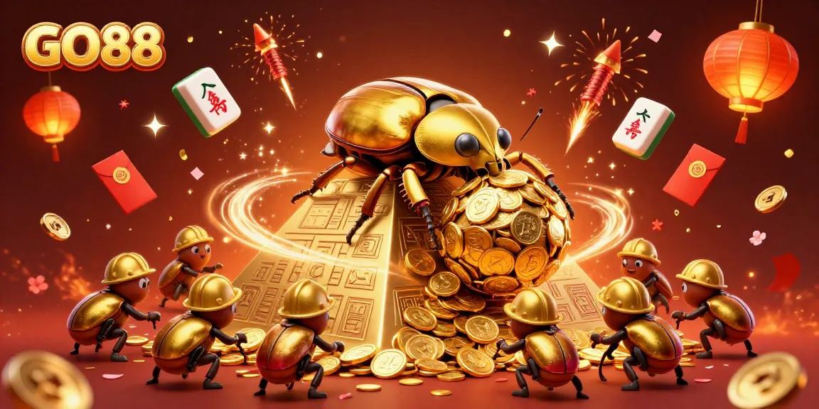 Experience GO88's vibrant casino adventure with golden beetles and flowing treasures.