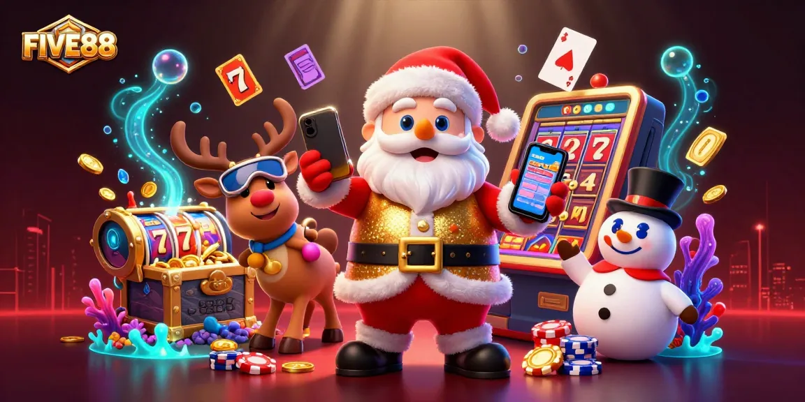 Experience the excitement of FIVE88 with Santa and friends in a vibrant casino scene packed with slot reels and treasures.