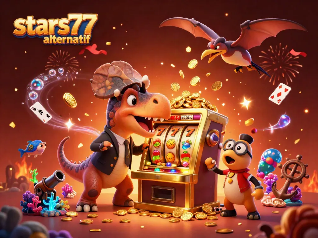 Permainan jackpot menarik di stars77 alternatif dengan dinosaurus dan mesin slot yang memikat.