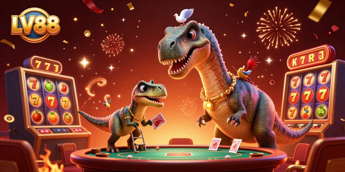 Experience thrilling LV88 slots with dynamic characters and rich casino elements in this vibrant 3D illustration.
