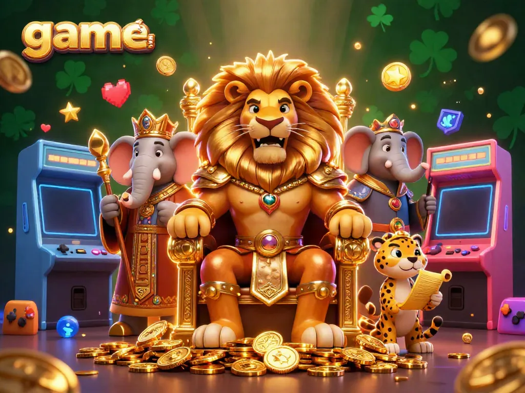 Engage in the game tài xỉu uy tín with a vibrant 3D casino illustration featuring a fierce lion king on a golden throne.