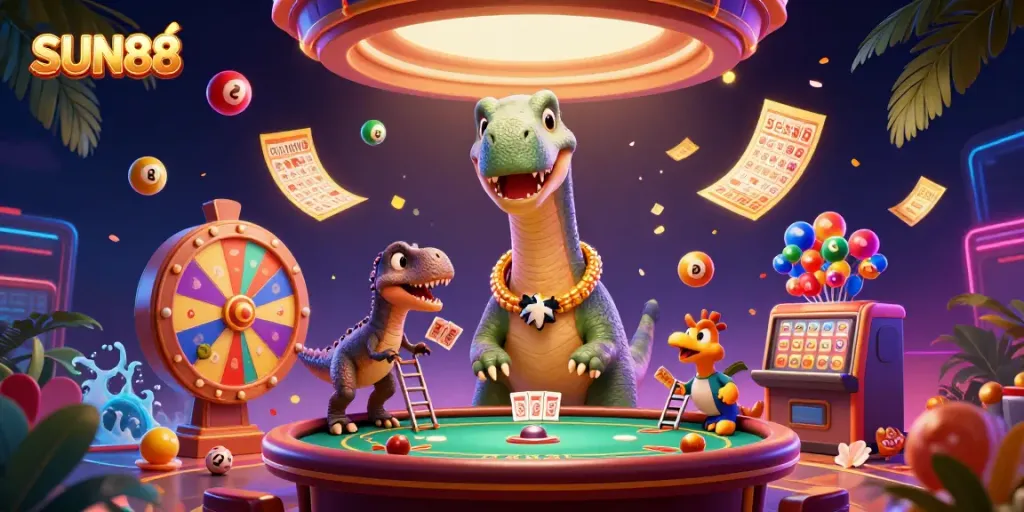 Experience thrilling moments at SUN88 with a playful brontosaurus overseeing a card game in an exciting casino atmosphere.