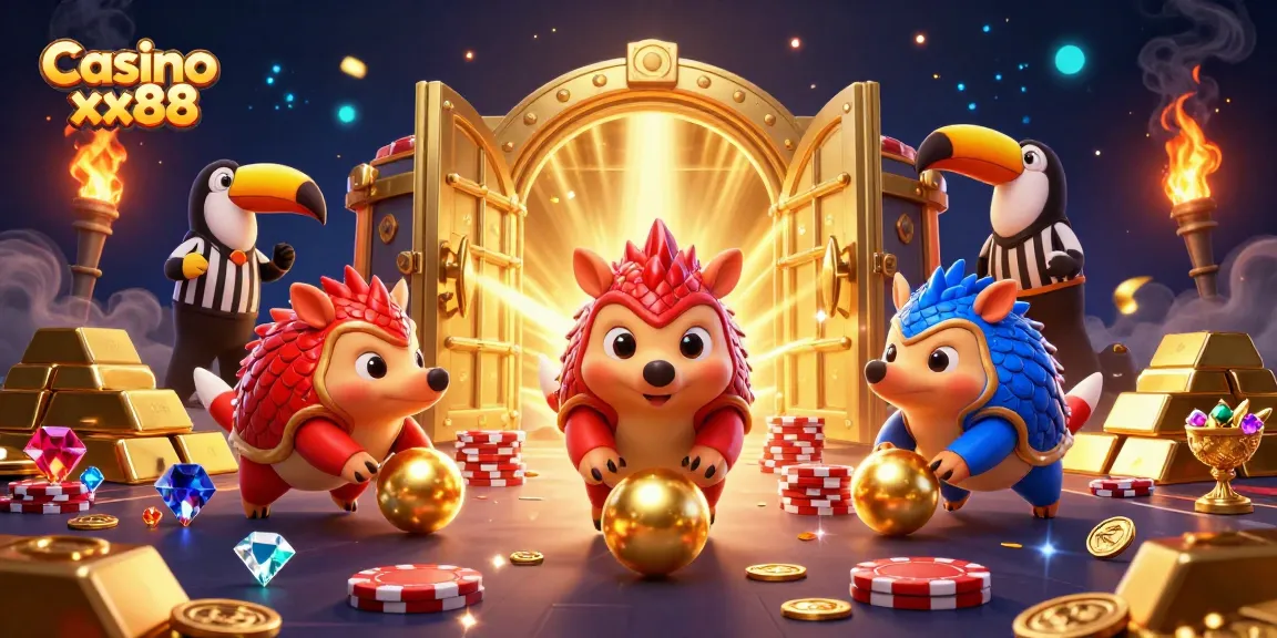 Engaging scene of pangolins at Casino xx88 rolling through poker chips, emphasizing thrilling gameplay.