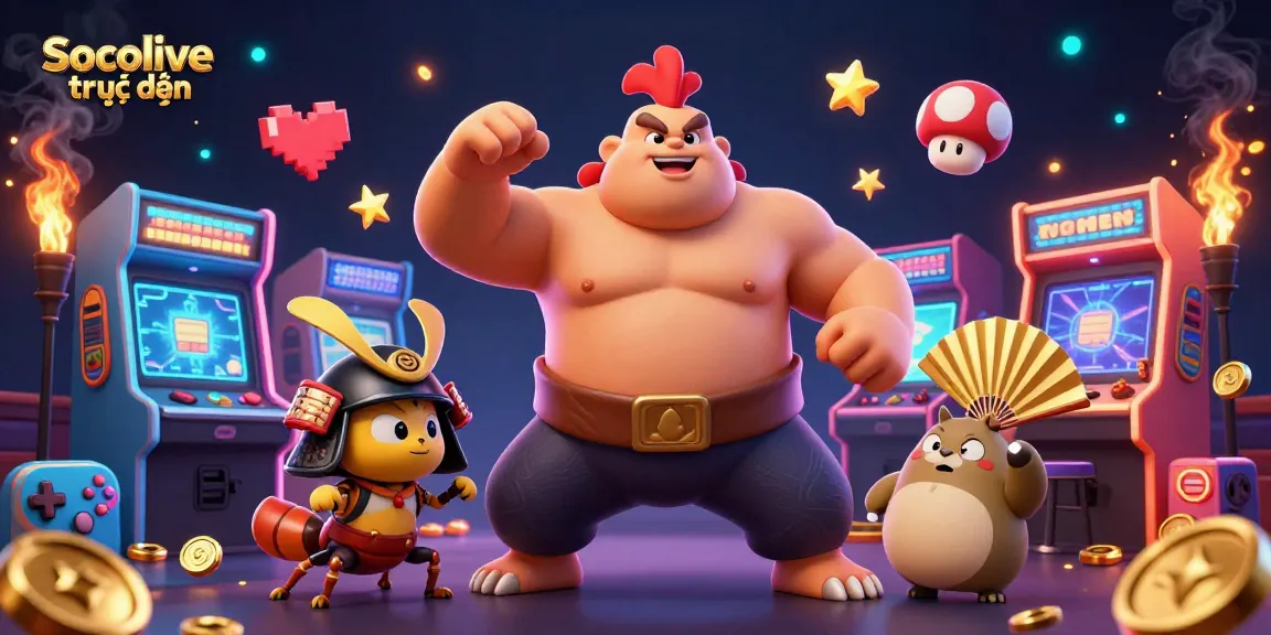 Socolive trực tiếp showcases a powerful sumo wrestler and fierce cricket in a dynamic gambling scene filled with arcade elements.