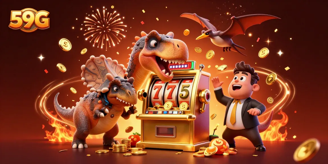 Experience the excitement of 59G with a cartoon pachycephalosaurus winning coins from a golden slot machine.