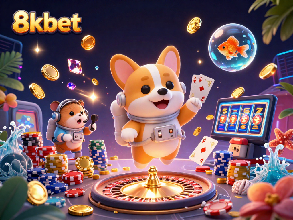 Experience exciting gambling fun at 8kbet with a vibrant casino scene featuring an astronaut corgi and sparkling game elements.