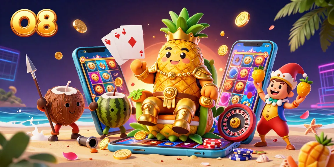 Experience the vibrant casino world of O8 with a golden pineapple king, lively game elements, and tropical themes.