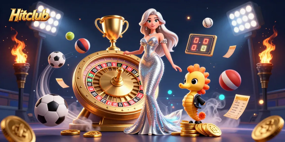 Experience great wins at Hitclub with this vibrant 3D casino illustration featuring dynamic elements.
