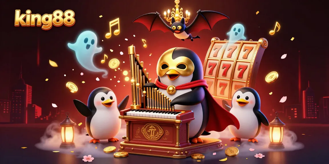 Watch the king88 penguin play slots in a vibrant, dynamic gaming scene filled with golden coins and festive elements.
