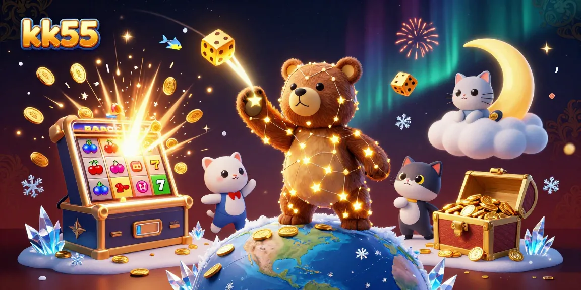 Join the adventure at kk55 with a cosmic bear collecting coins from a majestic slots explosion.