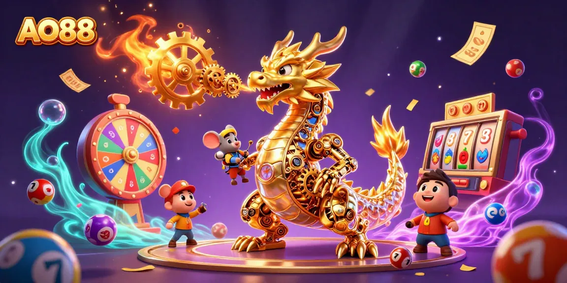 Engage with AO88's vibrant casino scene featuring a golden dragon and lottery elements.