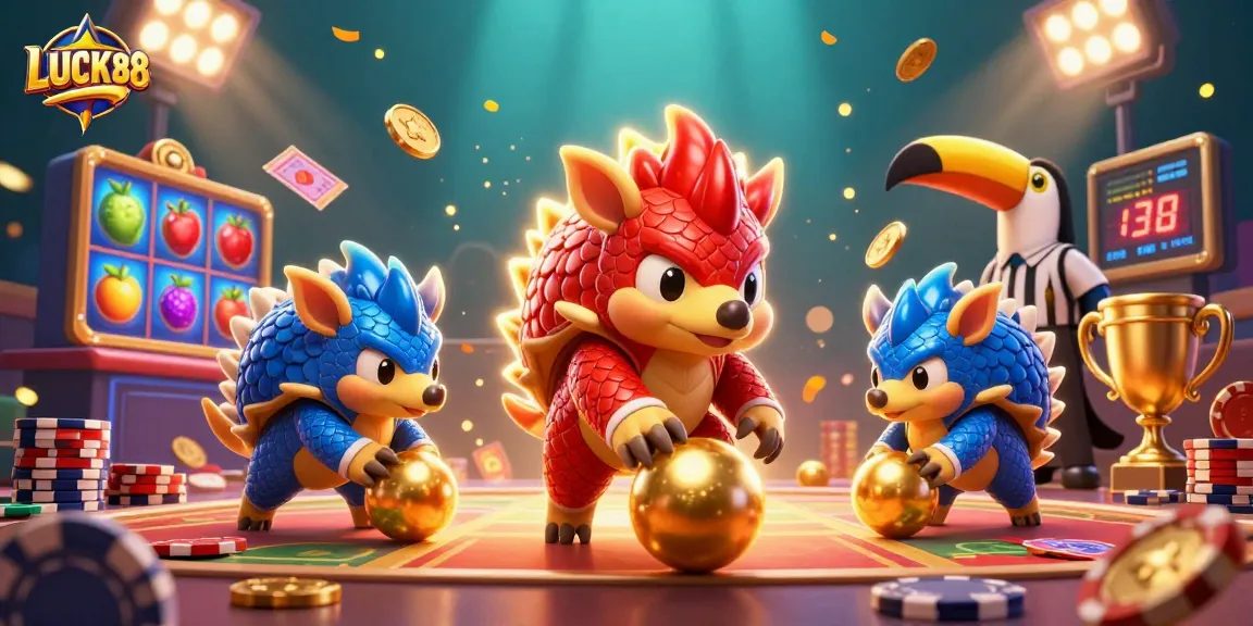 Engage with LUCKY88's vibrant virtual casino atmosphere featuring animated pangolins and dynamic slots.