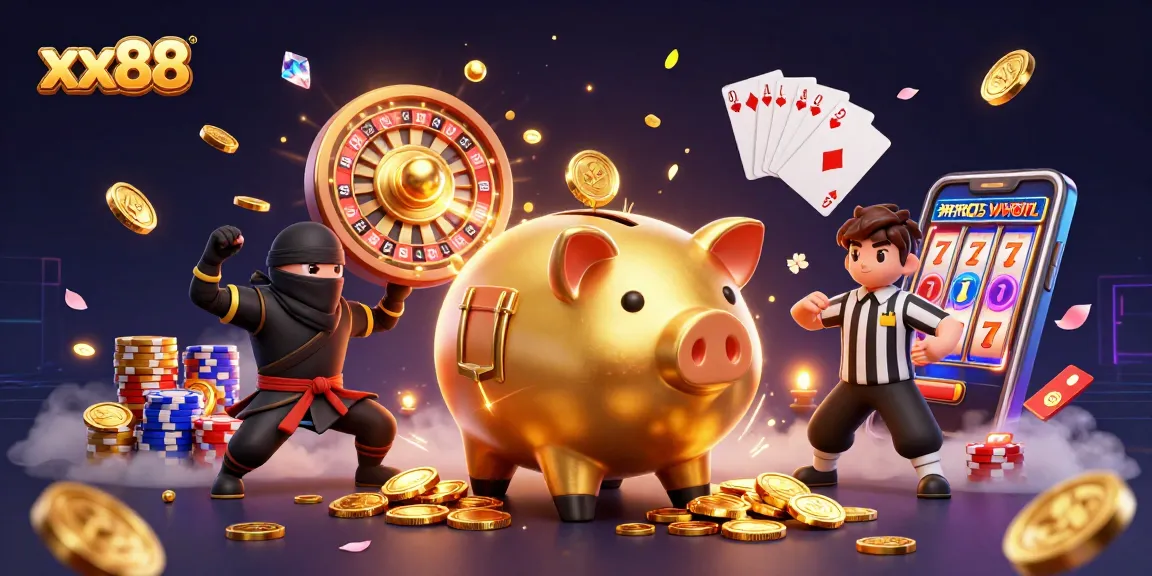 Experience the excitement of xx88 with a dynamic scene featuring a golden piggy bank wrestler surrounded by casino elements.