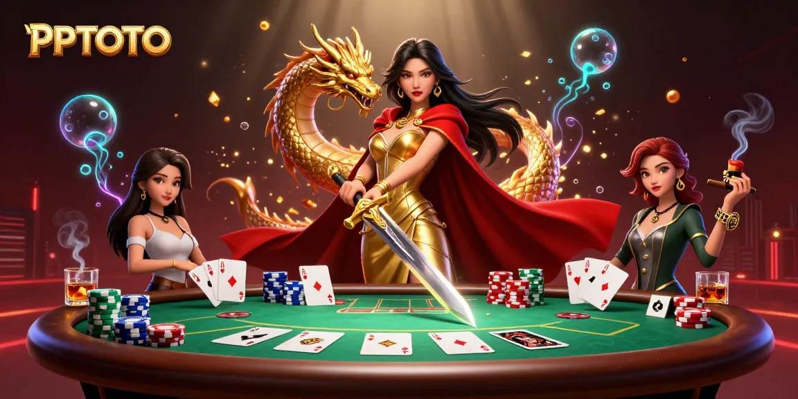 Adegan kasino PPTOTO dengan ratu pejuang, naga emas, dan elemen poker menciptakan suasana yang menarik.