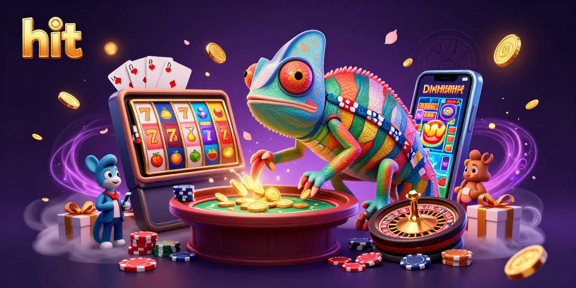 Hit colorful slot games with a cartoon chameleon owner capturing coins in a casino scene.