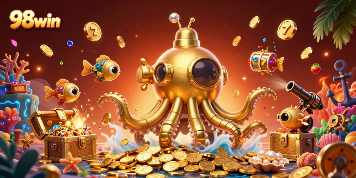 Engage with 98win's thrilling casino world featuring a golden kraken submarine among slot reels.