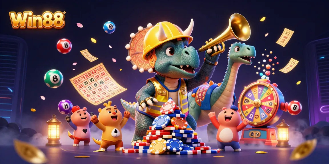 Win88 brings excitement with a triceratops and parasaurolophus celebrating in a vibrant casino scene.