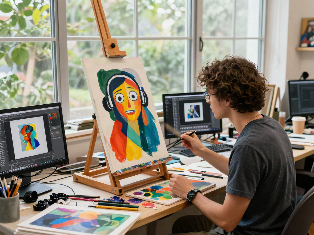 Dynamic creative workspace showcasing nsfw ai themes, artist at easel with colorful tools.